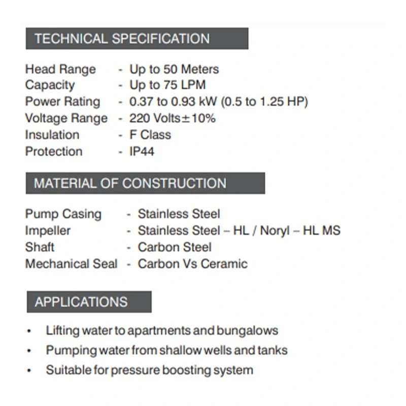  Kirloskar 0.75 HP ETERNA HL-37 Single Stage Pressure Booster Pump Image-6