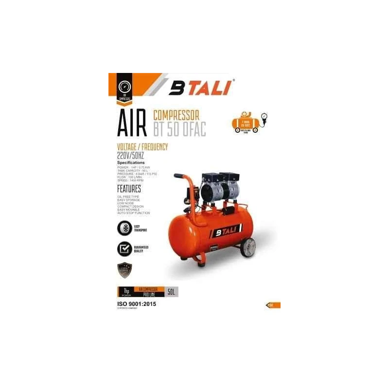 Btali 50L 1HP Oil Free Air Compressor BT 50 OFAC Proline image-2