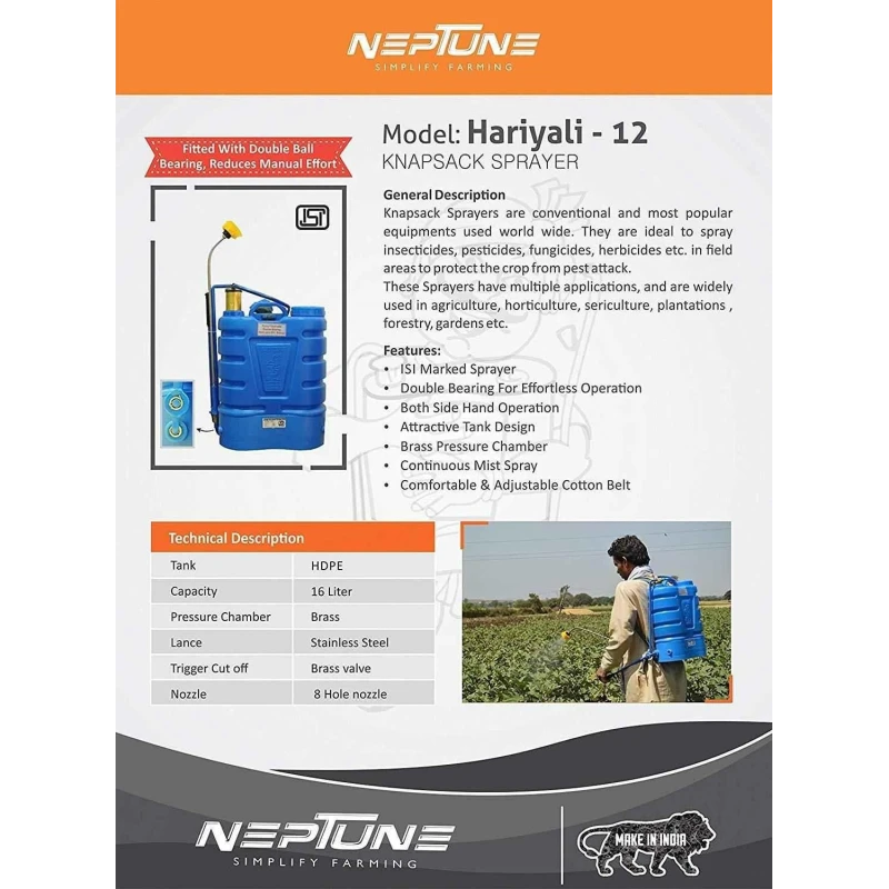 Neptune Hariyari-12 16 Litre Blue Knapsack Hand Operated Garden Sprayer image-6