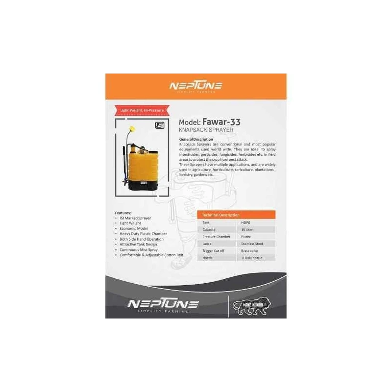 Neptune Fawar-33 16 Litre Yellow Knapsack Hand Operated Garden Sprayer image-5