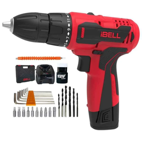 iBELL 12V DC Red Cordless Driver Drill 1500mAh with 1 Charger 1 Battery and 32 Accessories IBL CD12-74 image-1