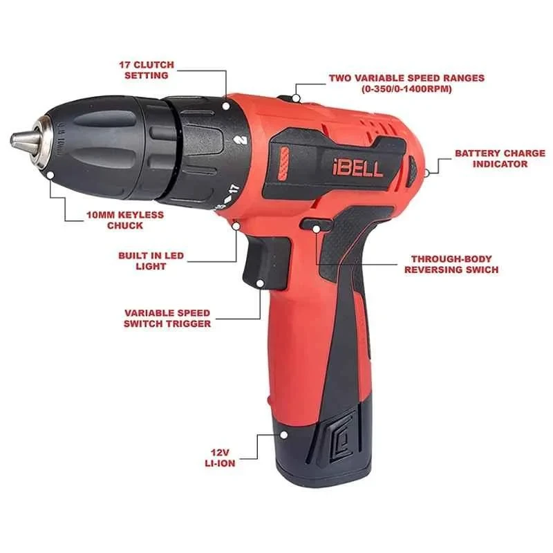 iBELL 12V DC Red Cordless Driver Drill 1500mAh with 1 Charger 1 Battery and 32 Accessories IBL CD12-74 image-3