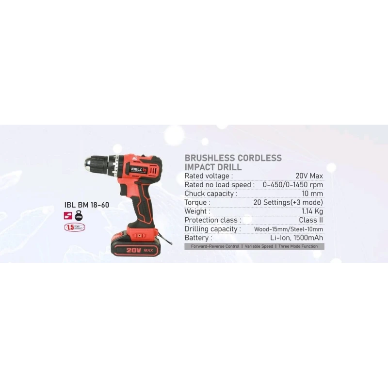 iBELL 20VDC 1500mAh Red Brushless Impact Driver Drill IBL BM18-60 image-2