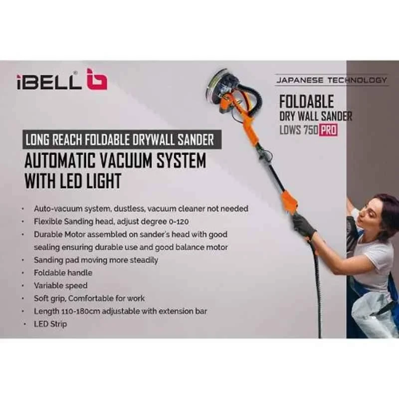 iBELL 750W Black and Orange Long Arm Dry Wall Sander with LED Light LDWS 750PRO image-5