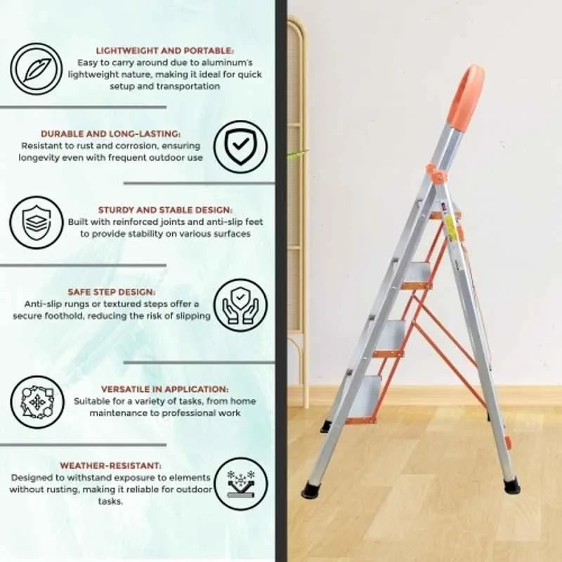 iBELL 150kg 4 Step Aluminium Heavy-Duty Foldable Ladder with Anti-Slip Wide Pedals JY104 image-3