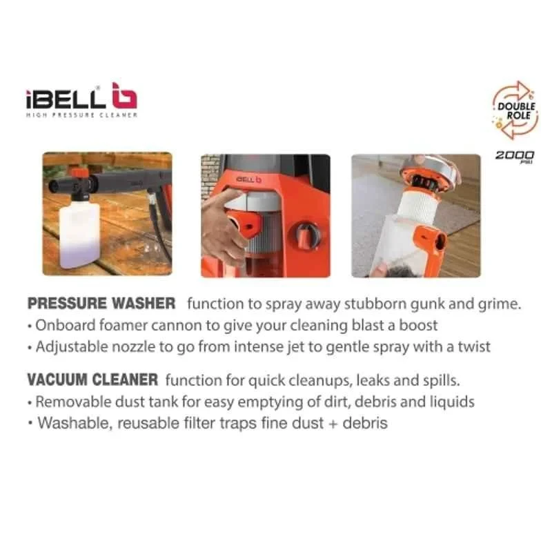iBELL 1550W 17kPa Double Role 3 in 1 Electric Pressure Washer Cum Dry Car Vacuum Cleaner with Blower Function image-4