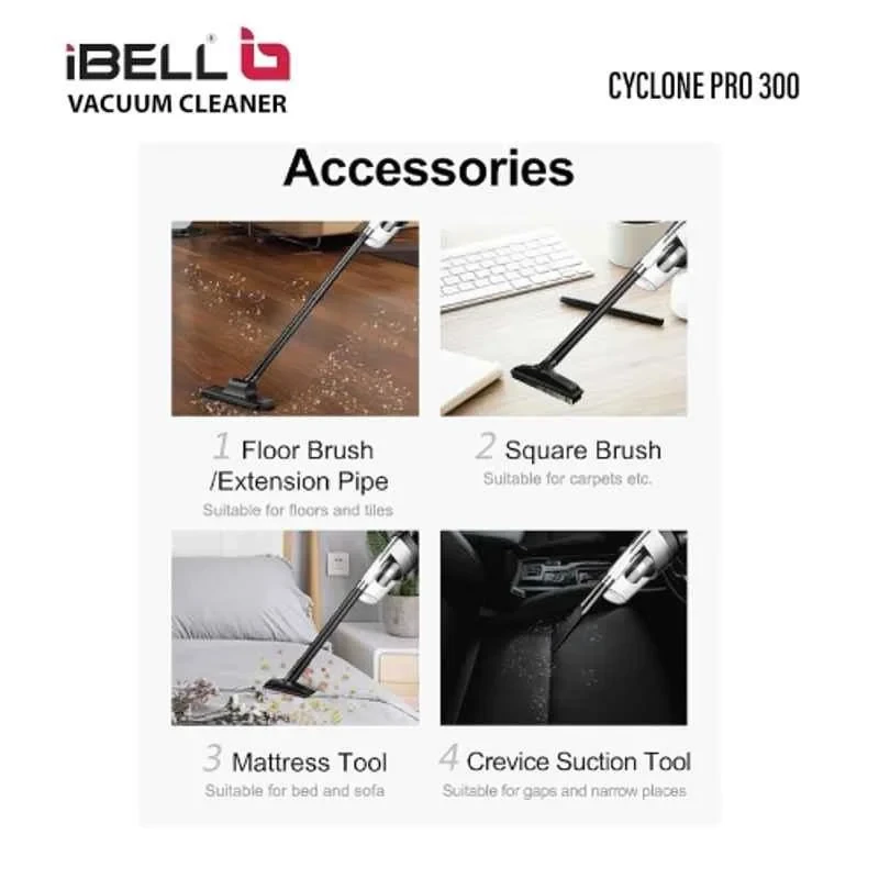 iBELL 300W 11000Pa 4 in 1 Lightweight Handheld Stick Vacuum Cleaner Cyclone Pro 300 image-5
