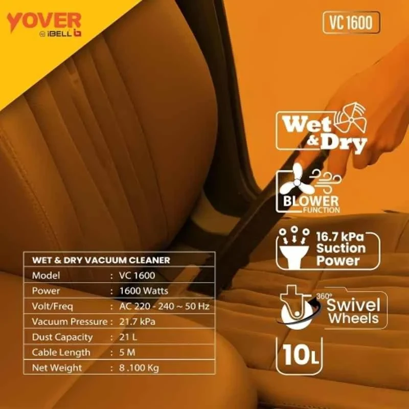 iBELL 21 Litre 1600W 3 in 1 Stainless Steel Wet & Dry Vacuum Cleaner with Blower Function VC1600 image-5