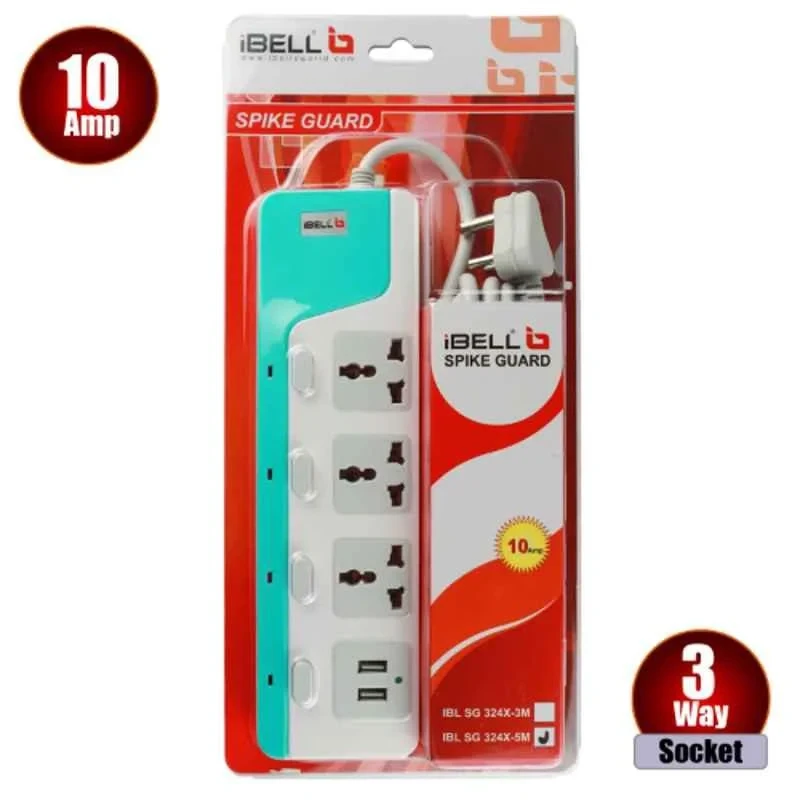 iBELL 2500W ABS White 3 Way Plug Board with 2 USB Socket & 5m Cord SG3245M image-4