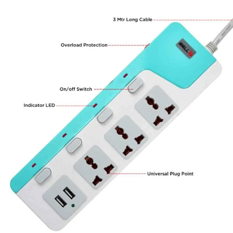 iBELL 2500W White ABS 3 Way Socket with 2 USB Spike Guard SG324X image-3