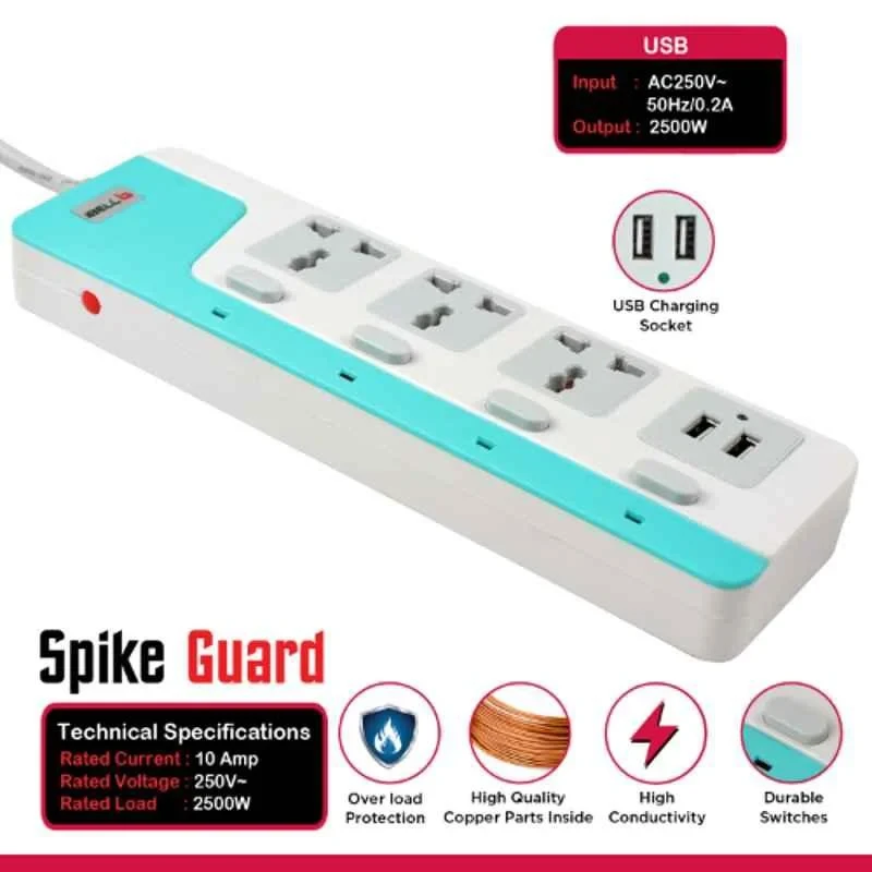 iBELL 2500W White ABS 3 Way Socket with 2 USB Spike Guard SG324X image-4