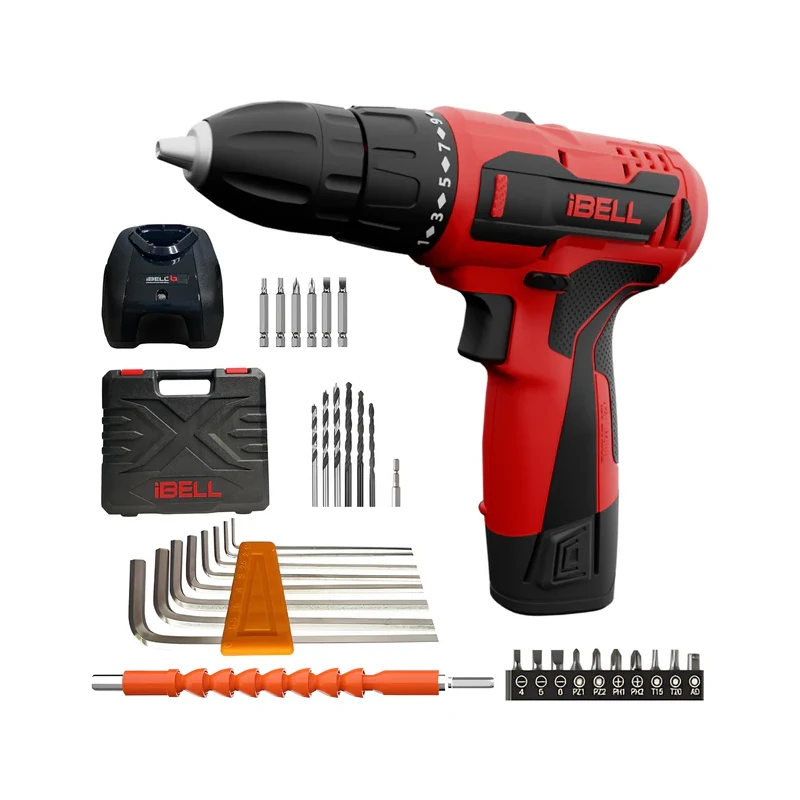 iBELL 12V DC 1500mAh Red Cordless Driver Drill with 1 Pc Charger 2 Pcs Battery & 32 Pcs Accessories IBL CD12-74 image-1