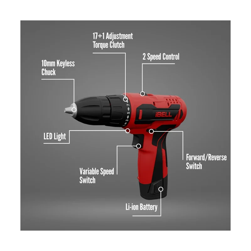 iBELL 12V DC 1500mAh Red Cordless Driver Drill with 1 Pc Charger 2 Pcs Battery & 32 Pcs Accessories IBL CD12-74 image-2