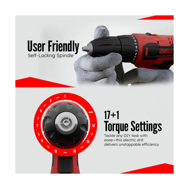 iBELL 12V DC 1500mAh Red Cordless Driver Drill with 1 Pc Charger 2 Pcs Battery & 32 Pcs Accessories IBL CD12-74 image-5