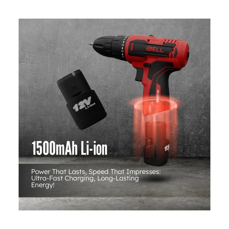 iBELL 12V DC 1500mAh Red Cordless Driver Drill with 1 Pc Charger 2 Pcs Battery & 32 Pcs Accessories IBL CD12-74 image-6
