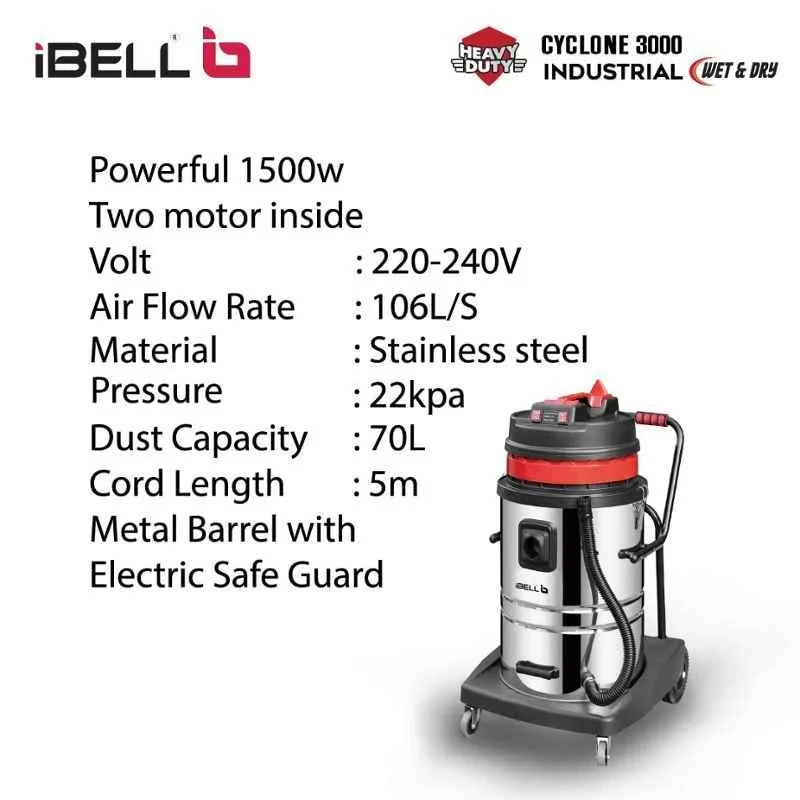iBELL Cyclone 3000 Industrial Series 1500W 22kPa 70L HEPA Wet & Dry Vacuum Cleaner image-4