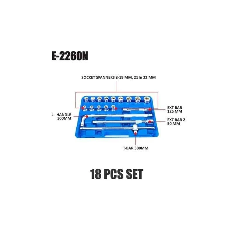 Eastman E-2260N 18 Pcs 1/2 inch Chrome Vanadium Steel Square Drive Socket & Bit Set image-3