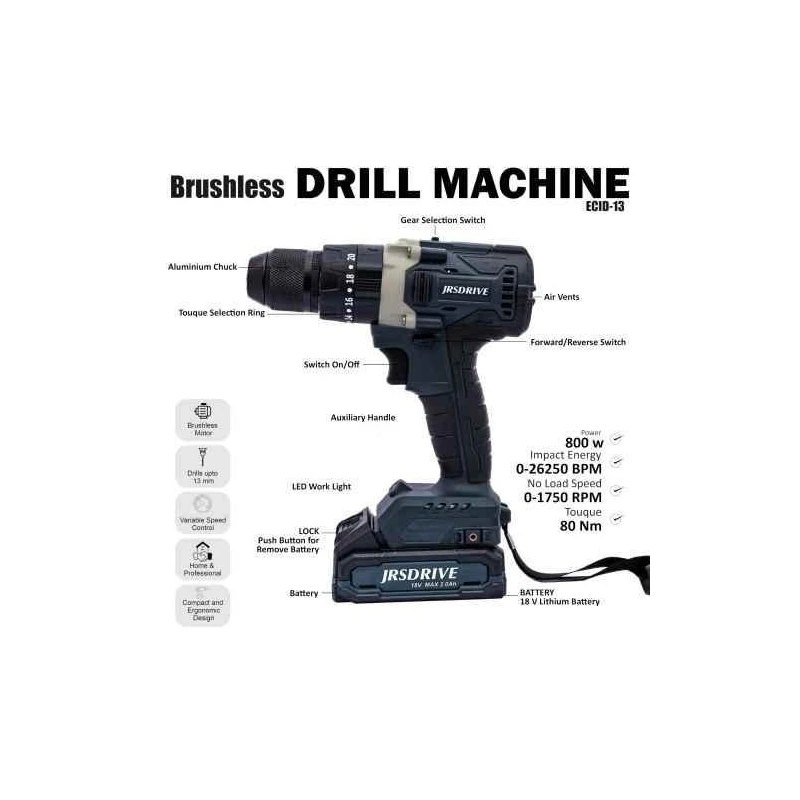 Eastman ECID-13 800W 13mm 18V Lithium-Ion Battery Navy Blue Cordless Drill Driver image-1
