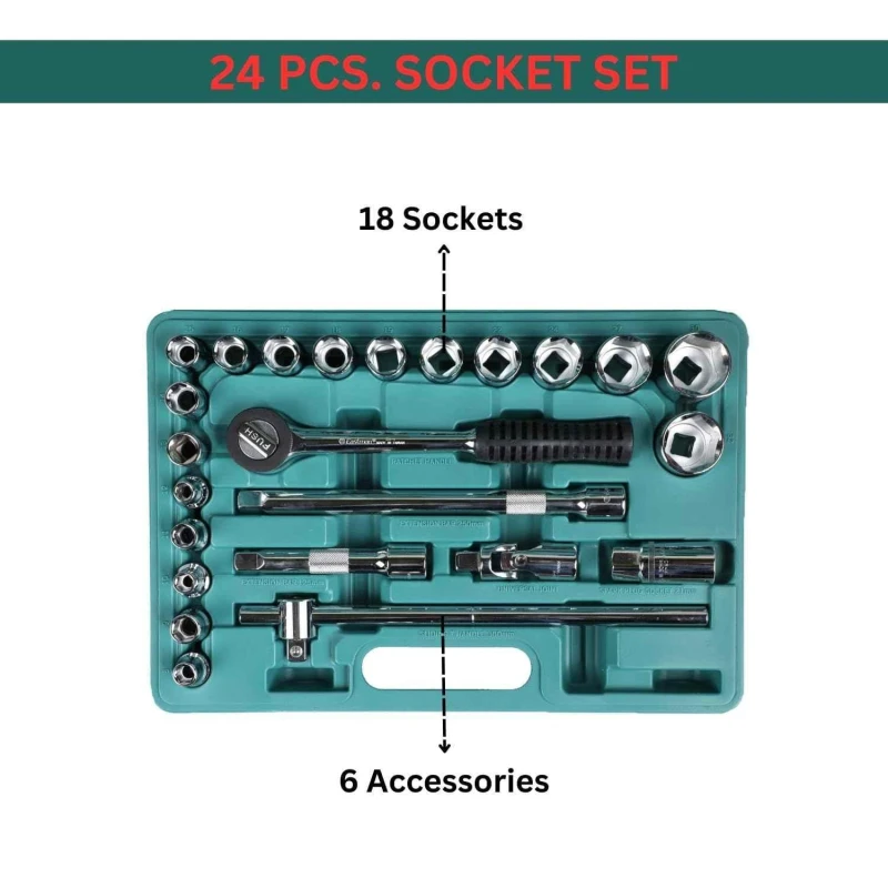 Eastman E-2202-624-BM 24 Pcs 1/2 inch Chrome Vanadium Steel Sockets Wrench Set image-2