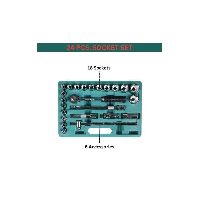 Eastman SKS-24 24 Pcs 1/2 inch Square Drive Chrome Vanadium Steel Socket Set image-2