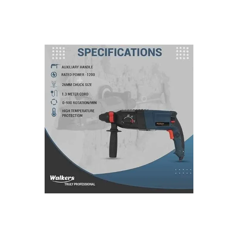 Walkers 1200W Forward Reverse Rotation Hammer Impact Drill WKCB356 with 5 Pcs SDS Plus Bit Line Tester image-4