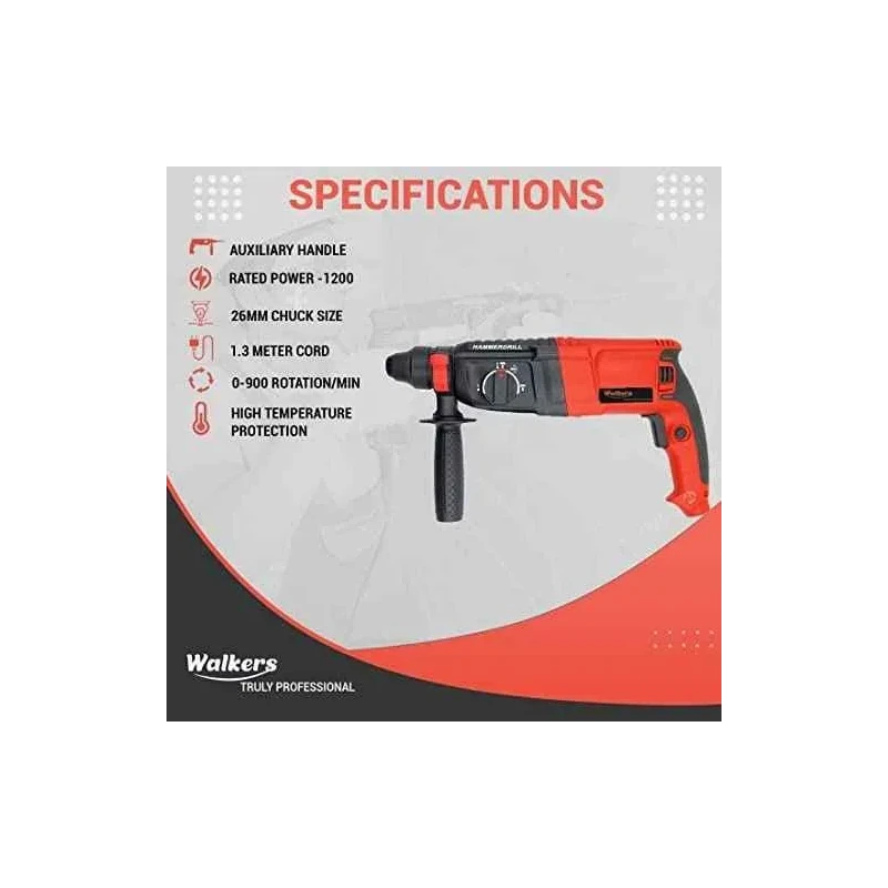 Walkers 1200W Forward Reverse Rotation Hammer Impact Drill WKCB376 with 5 Pcs SDS Plus Bit Scissior image-3