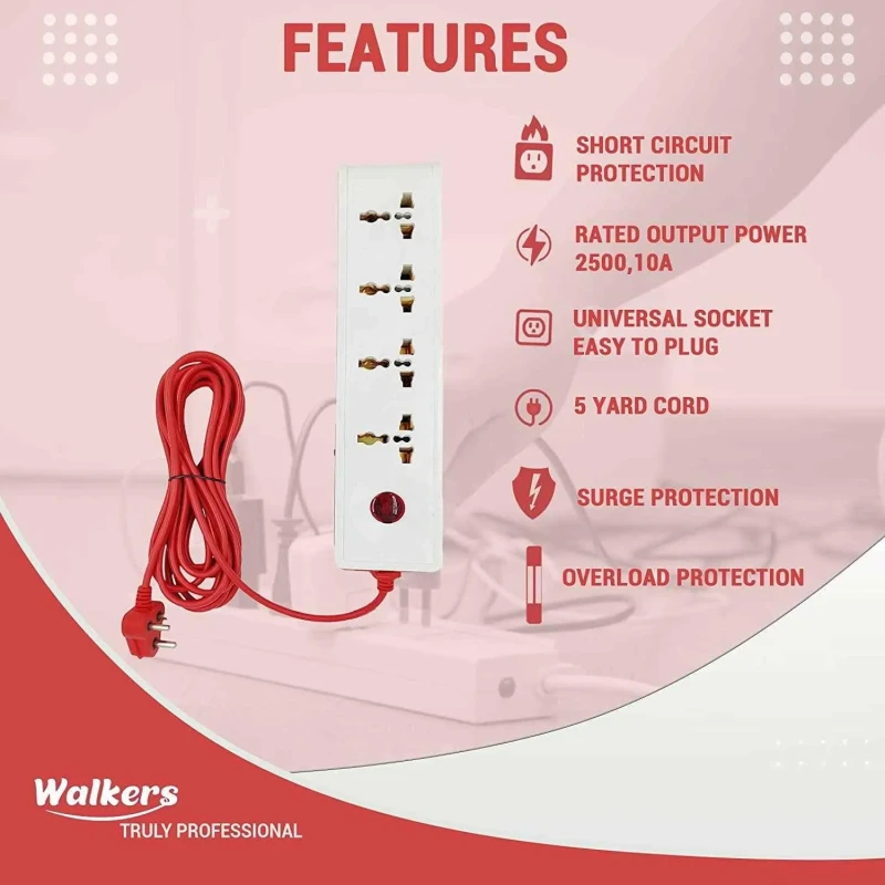 Walkers 4 Socket 1 Switch White Red Power Extension Board WKCB192 with 2-in-1 Screwdriver image-1