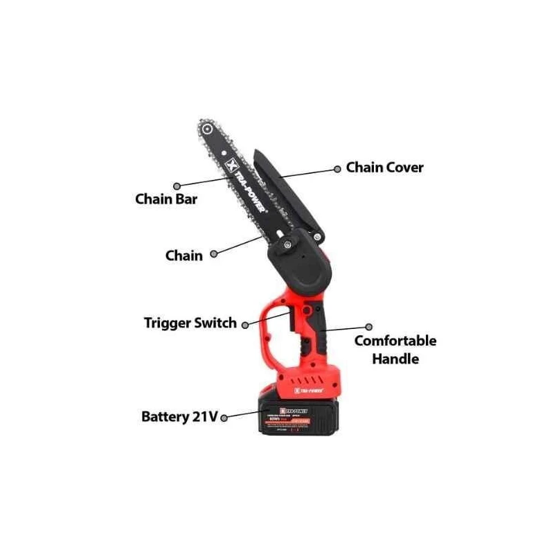 Xtra Power 21V 8 Inch Red and Black 3000mAh Cordless Chain Saw XPT-537 image-2