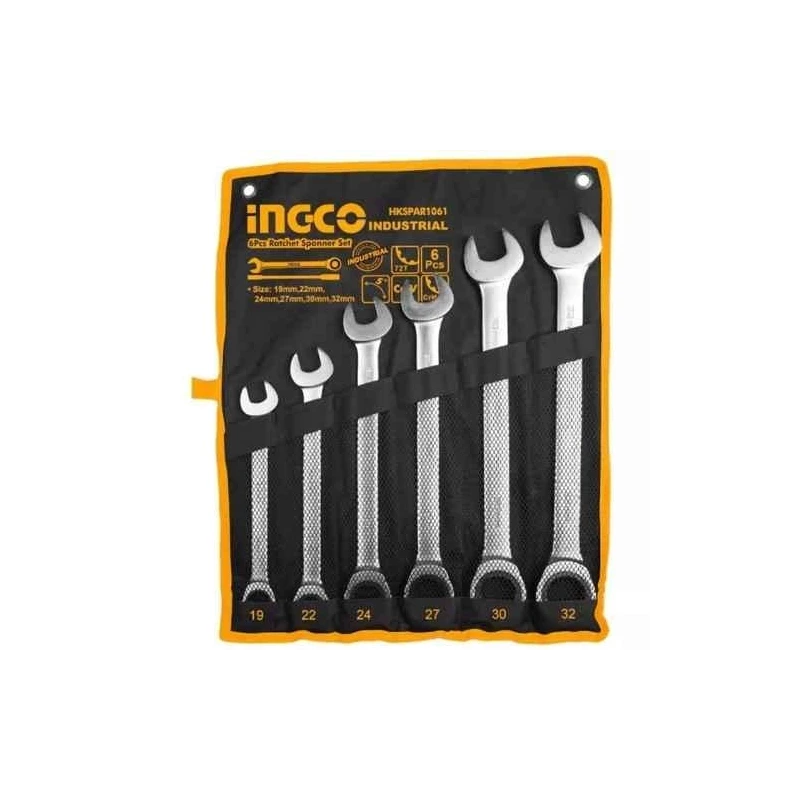 Ingco 19-32mm CRV Steel Silver Fine Polished Ratchet Spanner (Pack of 6)HKSPAR1061 image-1