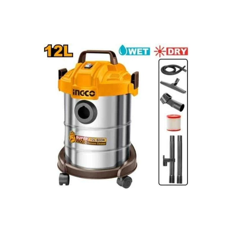 Ingco 800W 12 Litre Cartridge Filter Yellow & Silver Wet & Dry Vacuum Cleaner with AccessoriesVC14122 image-1