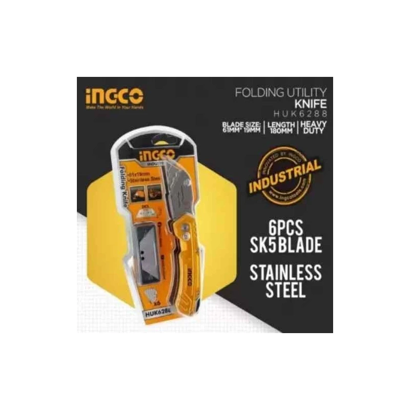 Ingco 61x19mm Stainless Steel Folding Knife with 6 Pcs Metal Cutter BladesHUK6288 image-1