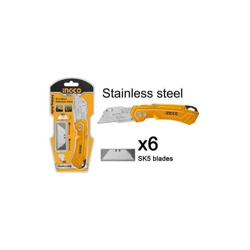 Ingco 61x19mm Stainless Steel Folding Knife with 6 Pcs Metal Cutter BladesHUK6288 image-2