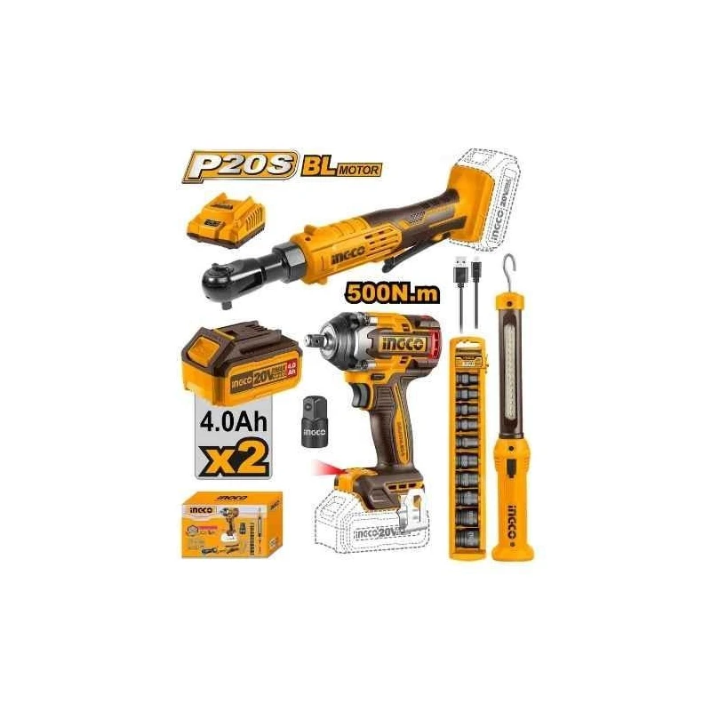 Ingco 20V 4Ah Impact Wrench3/8 inch Drive Ratchet & 70-300lm Work Lamp KitCOSLI240461 image-5
