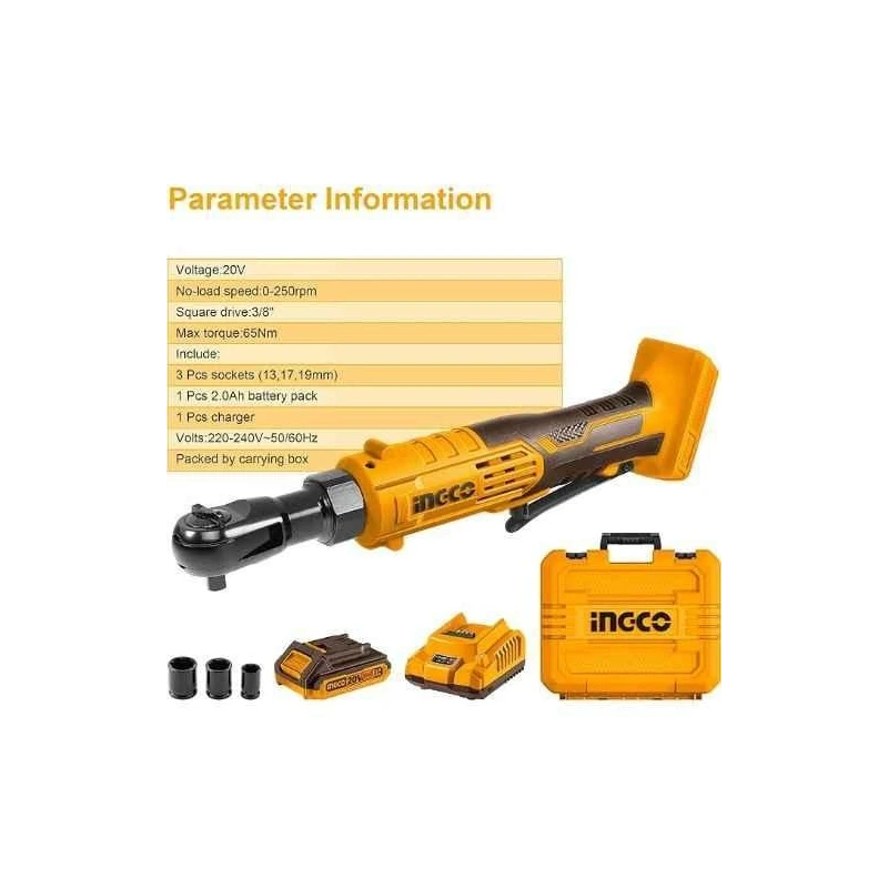 Ingco 20V 3/8 inch Cordless Ratchet Wrench with 2Ah BatteryCharger & SocketsCDRLI2060152 image-2