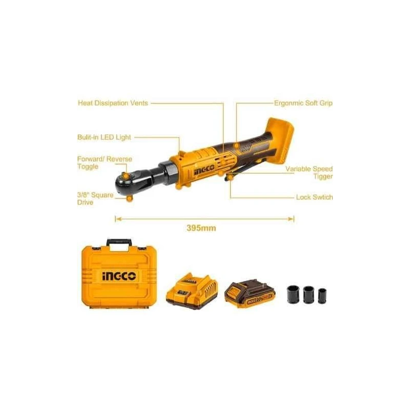 Ingco 20V 3/8 inch Cordless Ratchet Wrench with 2Ah BatteryCharger & SocketsCDRLI2060152 image-5