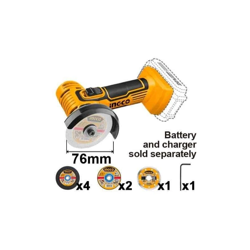 Ingco 20V Cordless Mini Angle Grinder without Battery & ChargerCAGLI7601 image-2