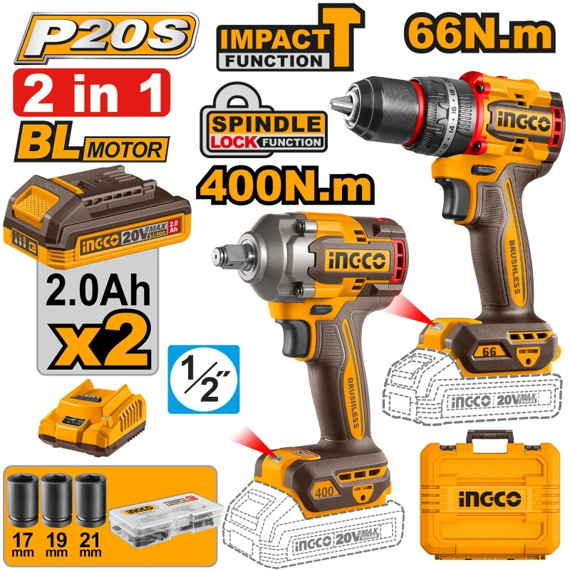 Buy Ingco CKLI20275 20V 400Nm Impact Wrench Combo online