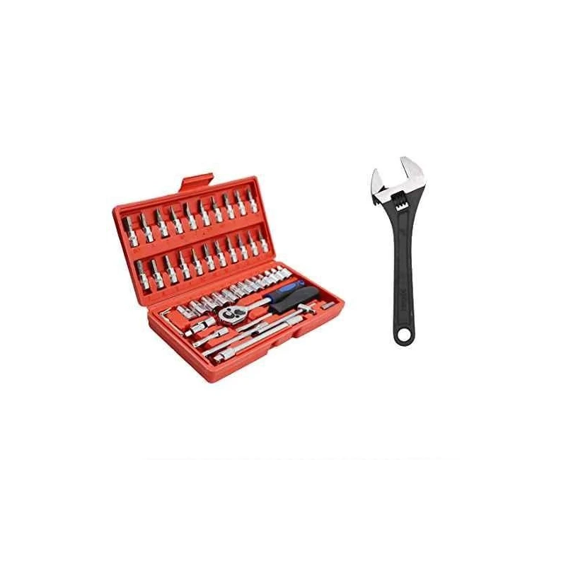 Hillgrove HGCM57M1 46-Piece 1/4" Ratchet Socket Spanner Set with Adjustable Wrench & Carry Box image-1