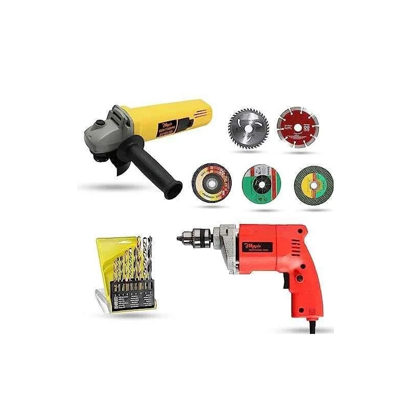 Hillgrove HGCM1141 850W Angle Grinder & 500W 10mm Drill Machine Combo with 5 Wheels & 9 Drill Bits image-1