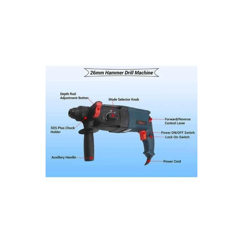 Hillgrove HG0082 1200W 26mm Rotary Hammer Drill Machine with 5 Bits & Carry Case image-4