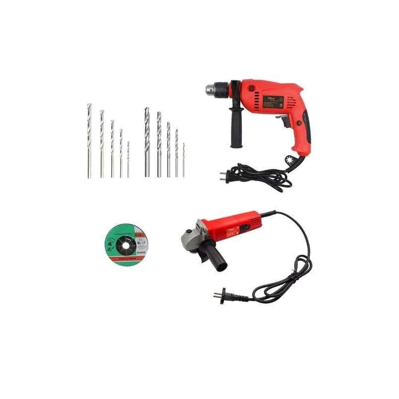 Hillgrove HGCM388M1 850W Angle Grinder & 700W Drill Machine Combo with 10 HSS & Masonry Drill Bits image-1