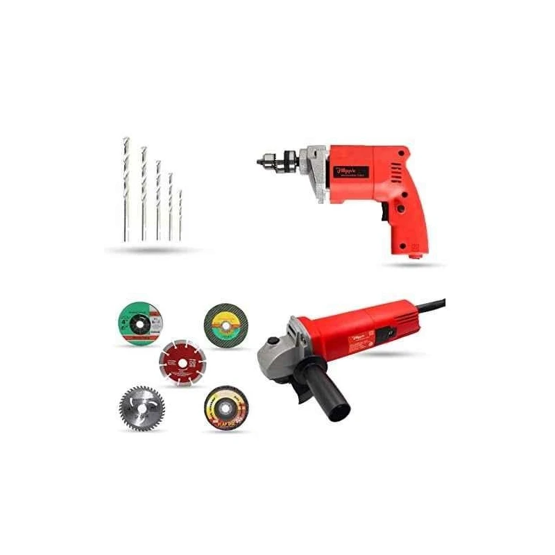 Hillgrove HGCM906 850W Angle Grinder & 500W 10mm Drill Machine Combo with 5 Wheels & 5 Masonry Drill Bits image-1