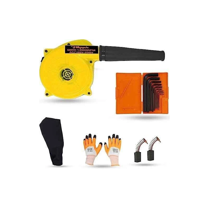 Hillgrove HGCM1102 800W Yellow Electric Air Blower with Carbon Brushes Gloves & 9-Piece Allen Key Set image-1
