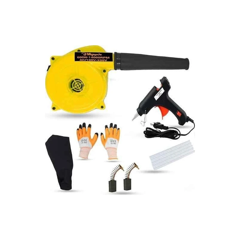 Hillgrove HGCM1101 800W Yellow Electric Air Blower with Carbon Brushes Gloves Glue Gun & 5 Glue Sticks image-1
