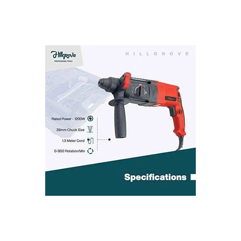 Hillgrove HGCM1252 1200W Hammer Impact Drill Machine with 5 SDS Plus Bits Chuck SDS Adapter & Scissor image-5