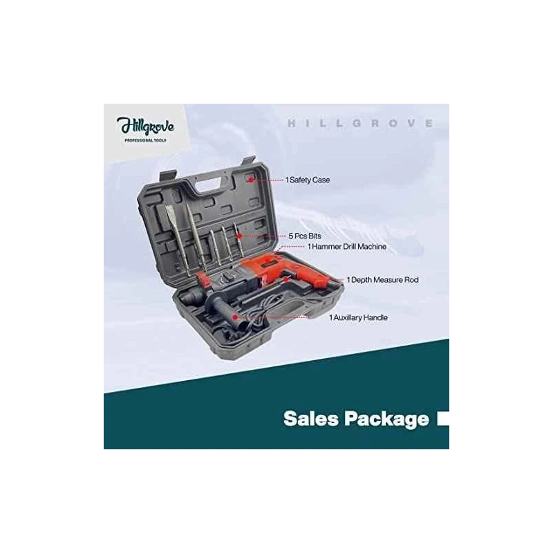 Hillgrove HGCM1246 1200W Hammer Impact Drill Machine with 5 SDS Plus Bits & Line Tester image-1