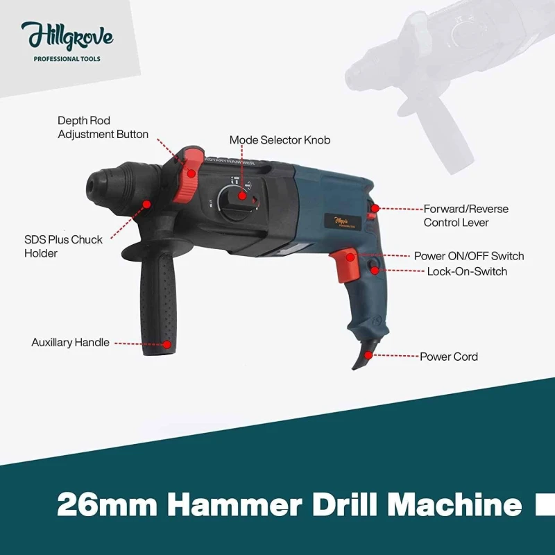 Hillgrove HGCM479M2 1200W Rotary Hammer Drill Machine with 5 Bits 13mm Chuck & SDS Adapter image-1
