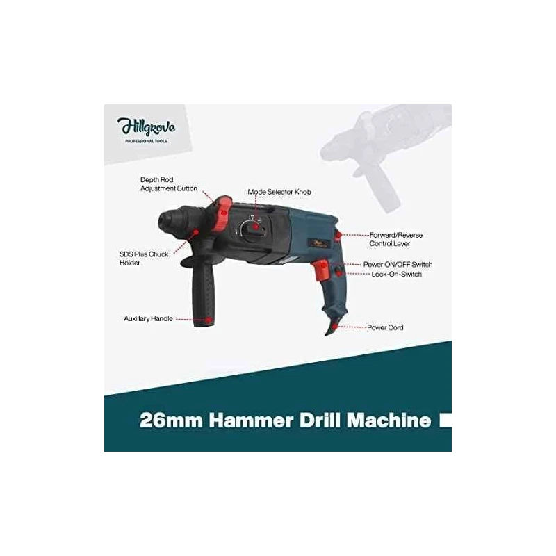 Hillgrove HGCM1212 1200W Hammer Impact Drill Machine with Scissor & 5 SDS Plus Bits image-3