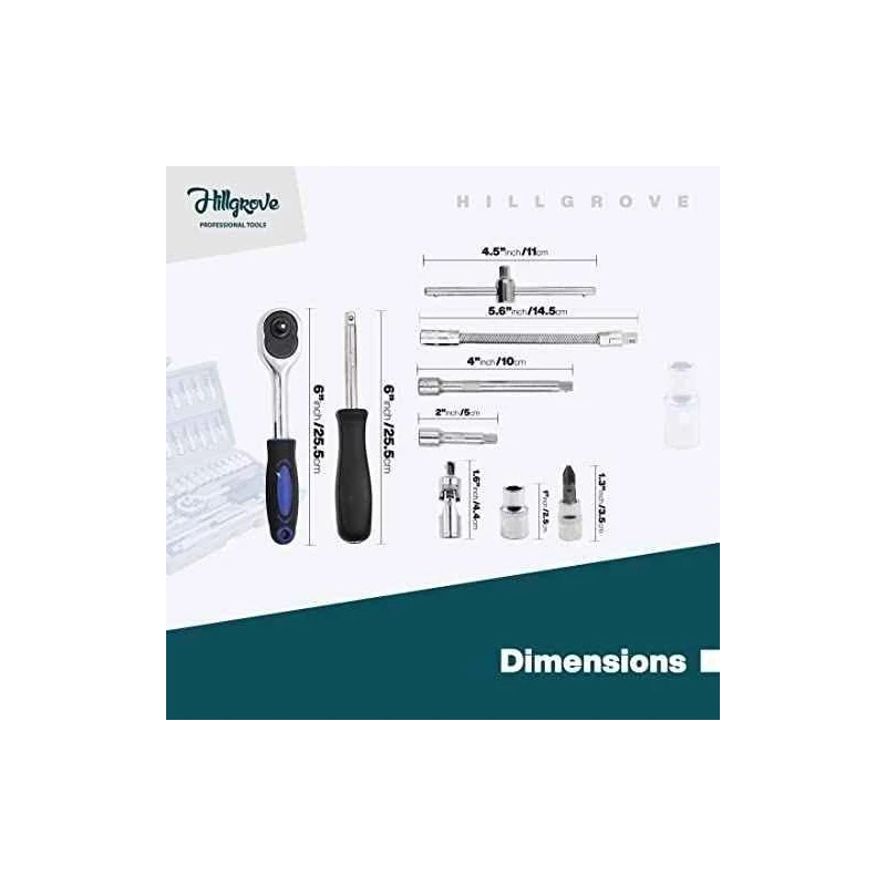 Hillgrove HGCM1008 46-Piece 1/4-Inch Ratchet Socket Spanner Set with 8-Inch Plier image-1