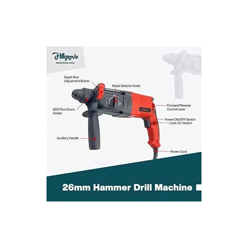 Hillgrove HGCM1249 1200W Hammer Impact Drill Machine with 5 SDS Plus Bits & 8-Inch Adjustable Wrench image-4